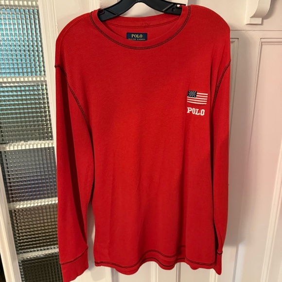 Polo Ralph Lauren Waffle Knit Shirt Mens Sz XL USA flag Red Long Sleeve - Picture 3 of 8